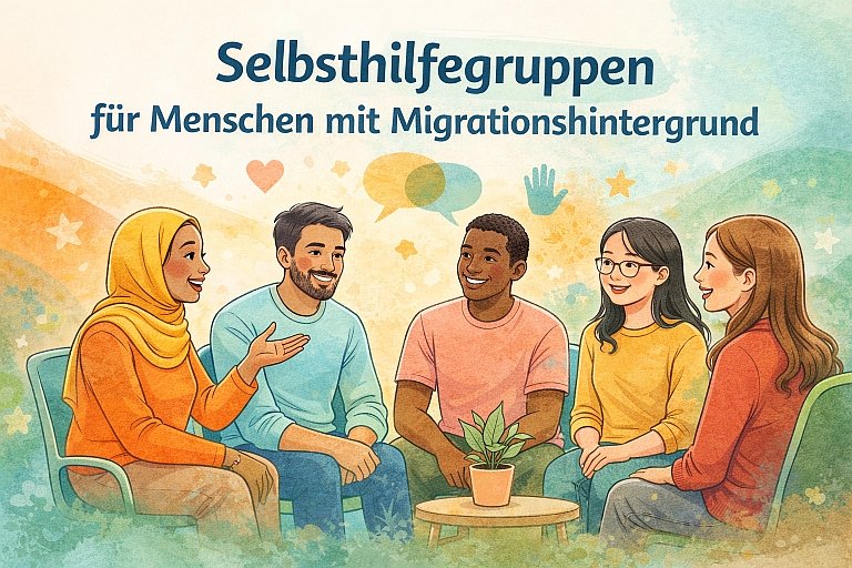 Migrant:innen sitzen am Tisch und unterhalten sich