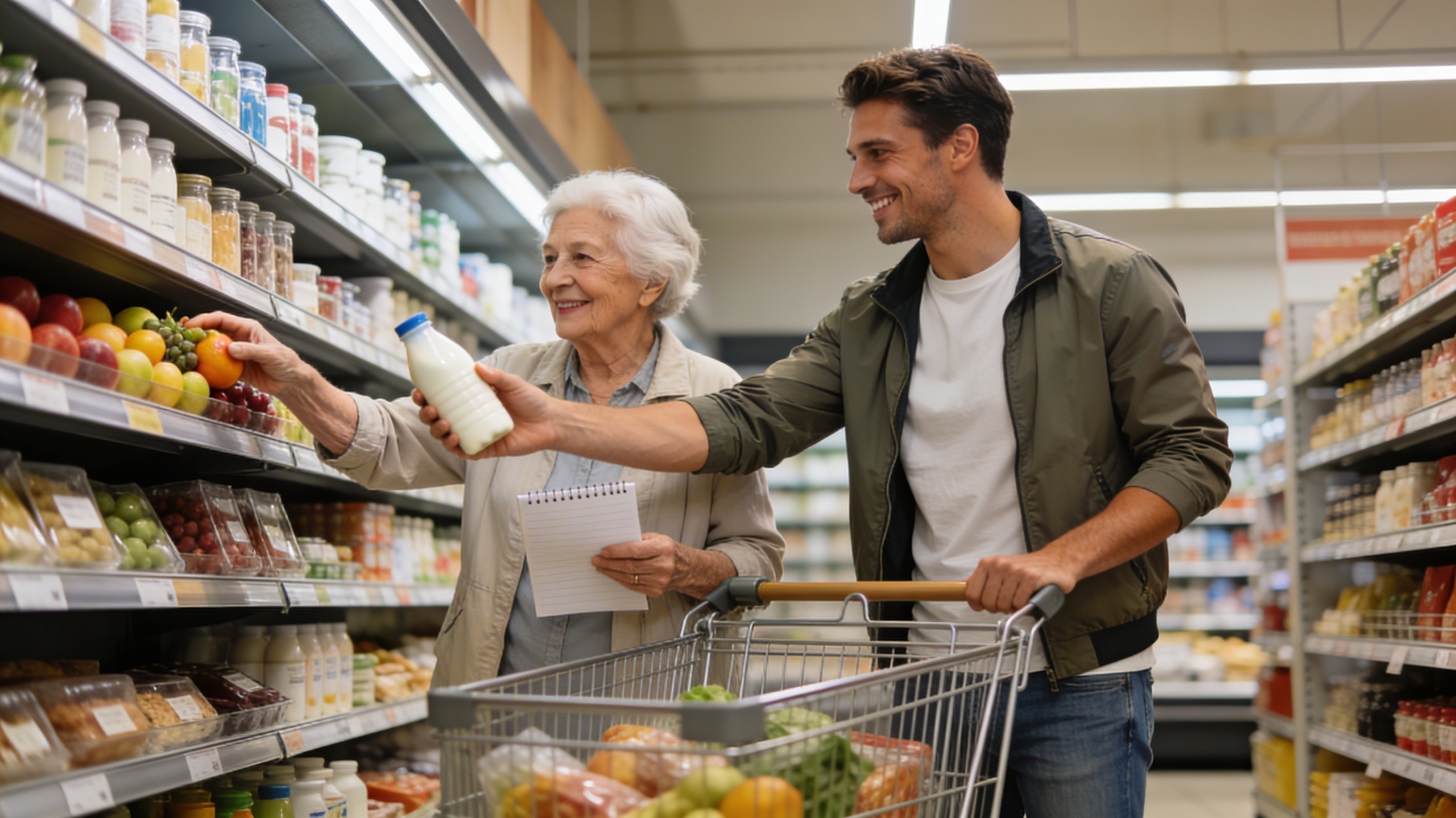 ein Junger Mann (30 Jahre) hilft einer älteren Dame bei Alltagstätigkeiten: Einkaufen von Lebensmitteln